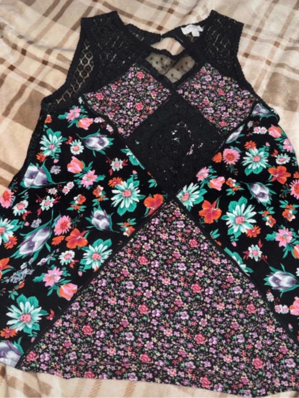 Umgee Black Floral Patchwork Dress with Pink & Teal Flowers